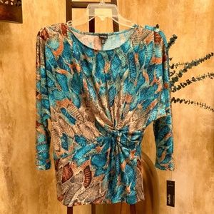 Rafaella Turquoise/Ivory/Brown Stretchy Top w/ Dolman Sleeves.  Size M-Petite
